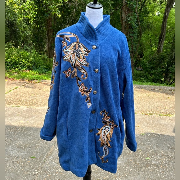 Vintage Bob Mackie Wearable Art Fleece Jacket 3X Royal Blue Floral Embroidered - Picture 2 of 14